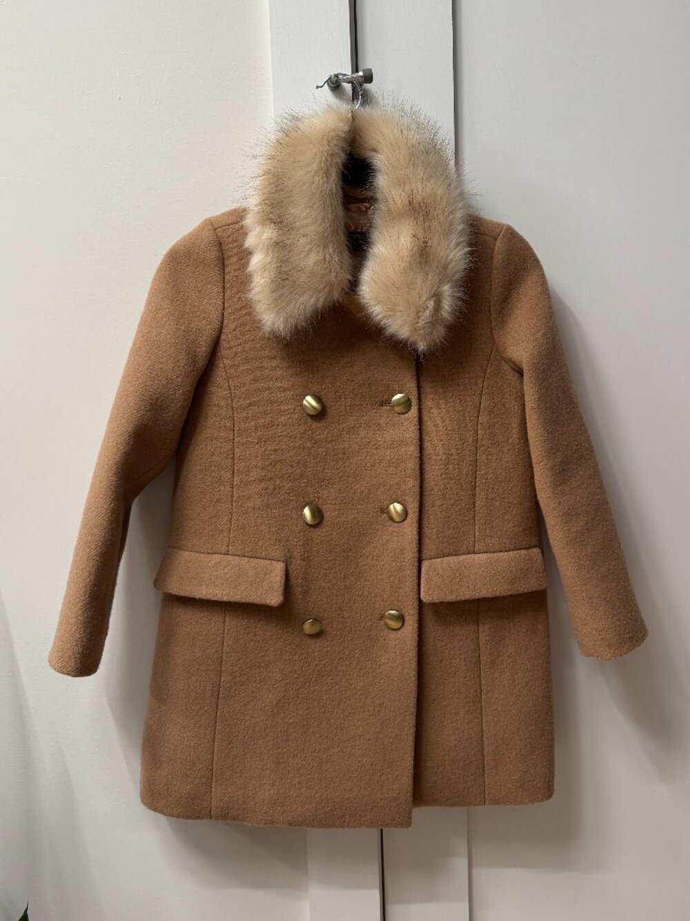 J Crew Crewcuts Girls Wool Blend Camel Tan Coat Faux Fur Gold Buttons Size 10